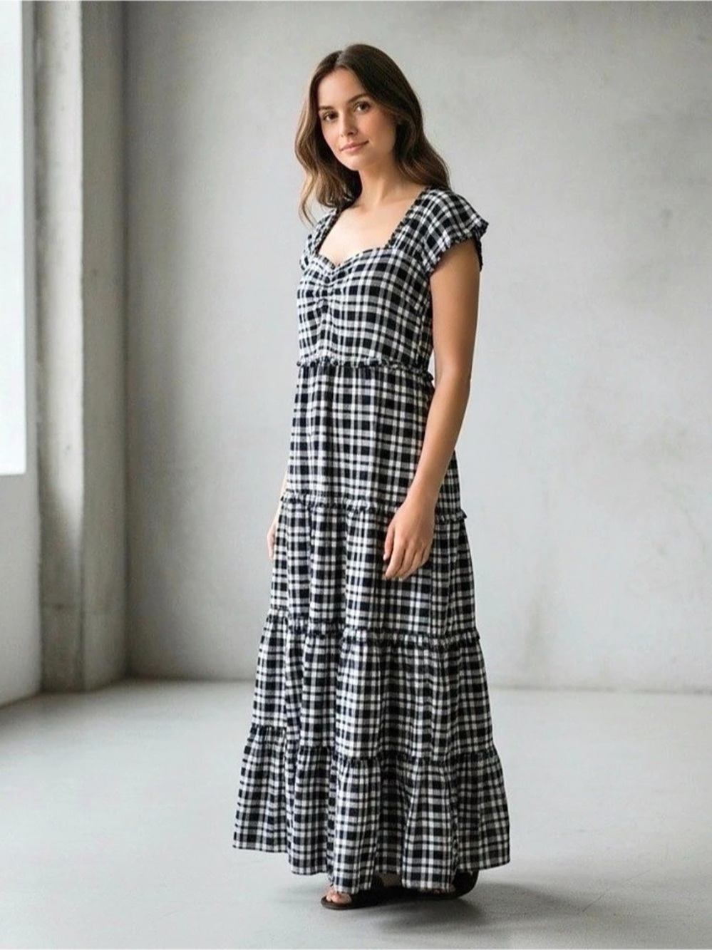 NWT THE GREAT. Plaid Cap Sleeve Tiered Dress Black Cream Check Sz 1 (S) Cotton